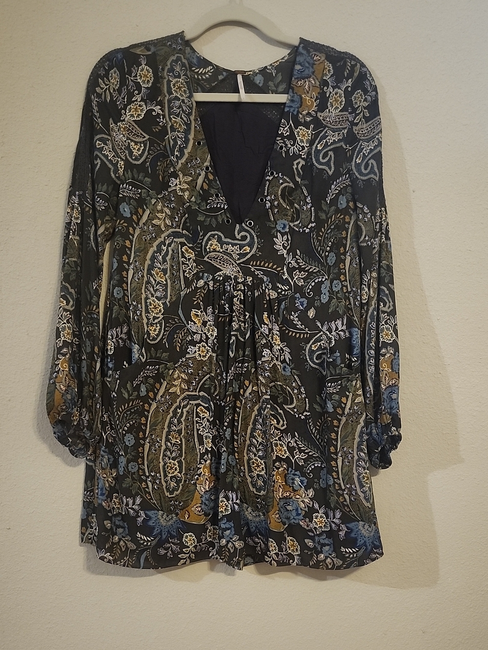 Free People Black Paisley Mini Dress with Blue & Olive Floral Motif